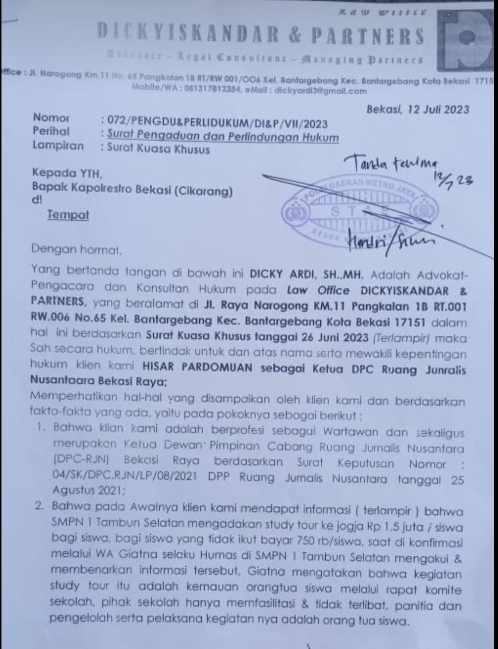 Diduga Cemarkan Nama Baik, Ketua RJN Bekasi Raya Kirim Surat Aduan Ke Mapolrestro Kabupaten Bekasi