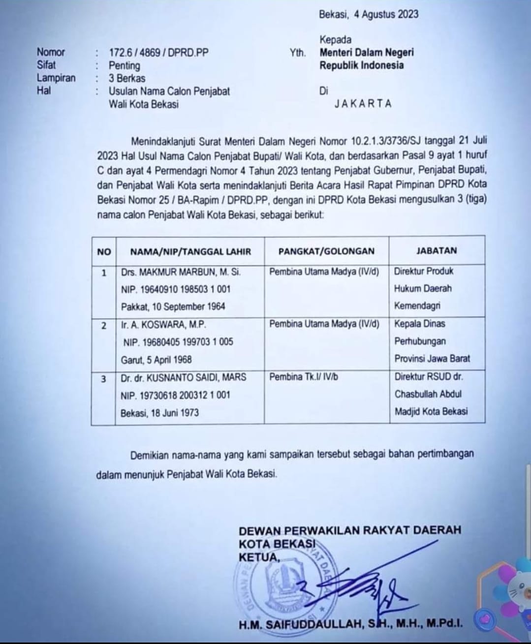 Ketua DPRD Diminta Evaluasi 3 Nama Calon Pj Walikota Bekasi