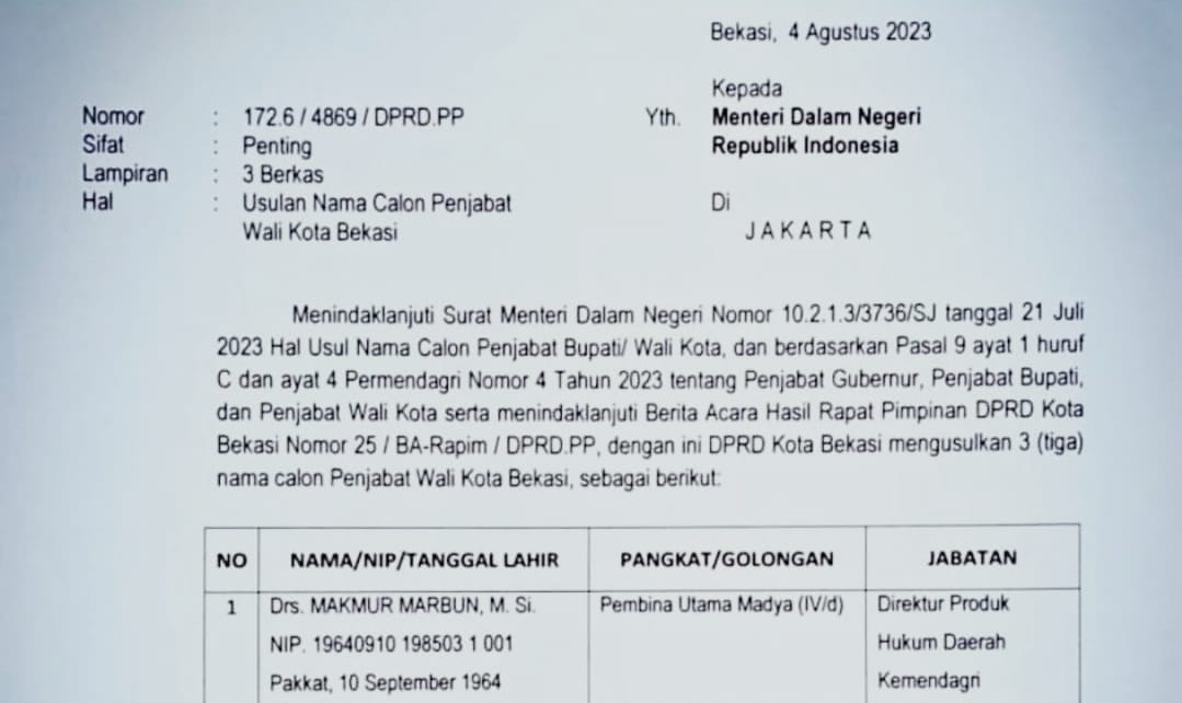 Kandidat Pj. Walikota Bekasi yang Diduga Titipan Elit PDI-P, Makmur Marbun Mulai Tuai Penolakan!!!